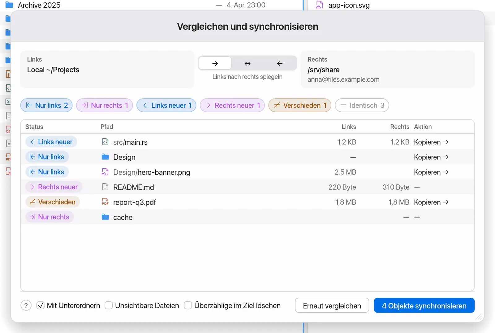 Manta: Ordner vergleichen und synchronisieren